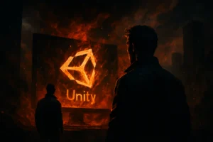 Figure silhouetted against a fiery Unity logo in a dark, dramatic setting.