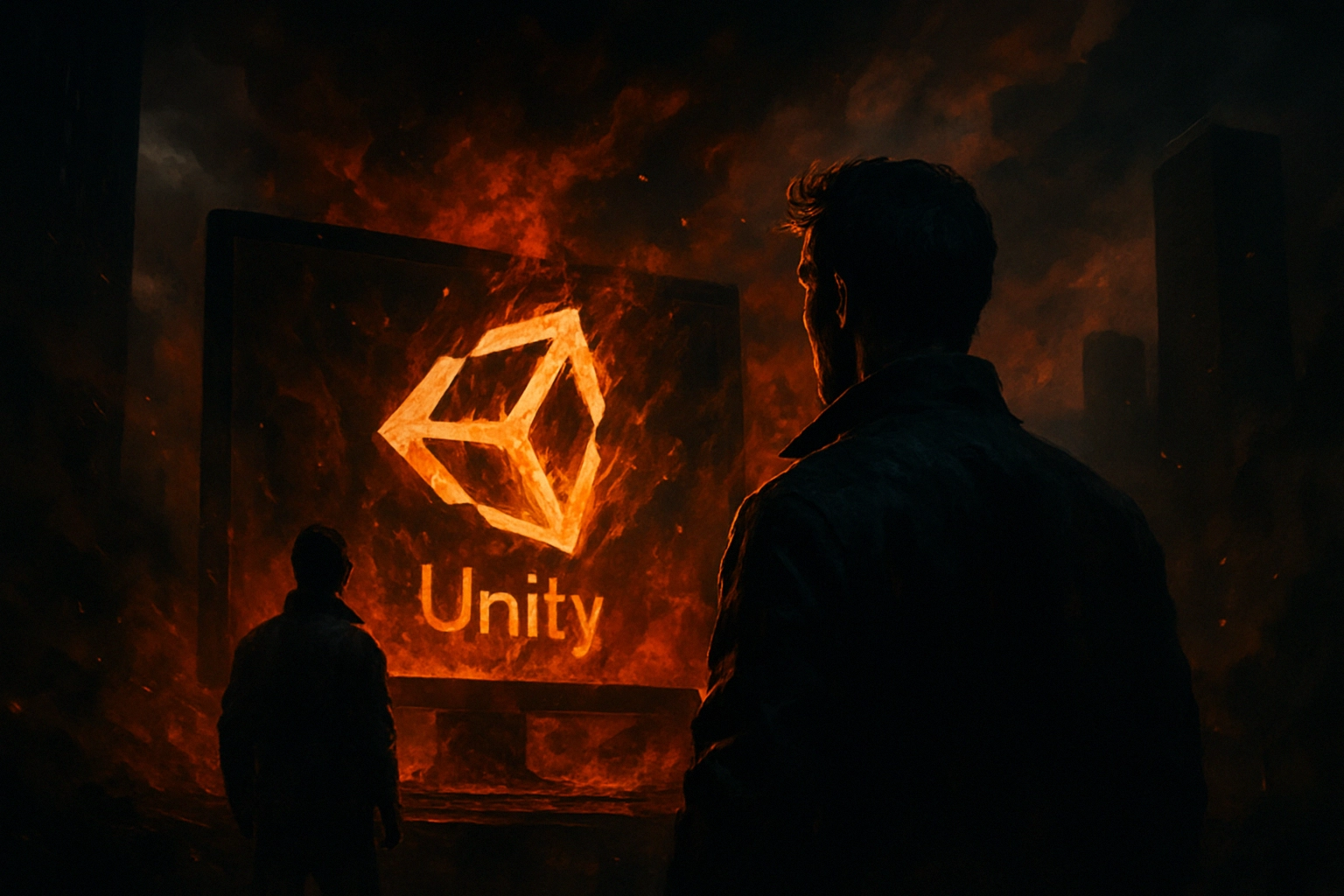 Zwei Silhouetten stehen vor einem leuchtenden Unity-Logo in flammendem Hintergrund.