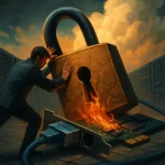Broadcom NetXtreme‑E Firmware Flaws Put Data Centers at Risk of VM Escape and DoS—Patch Now Businessman struggles against a giant lock and burning circuit board.