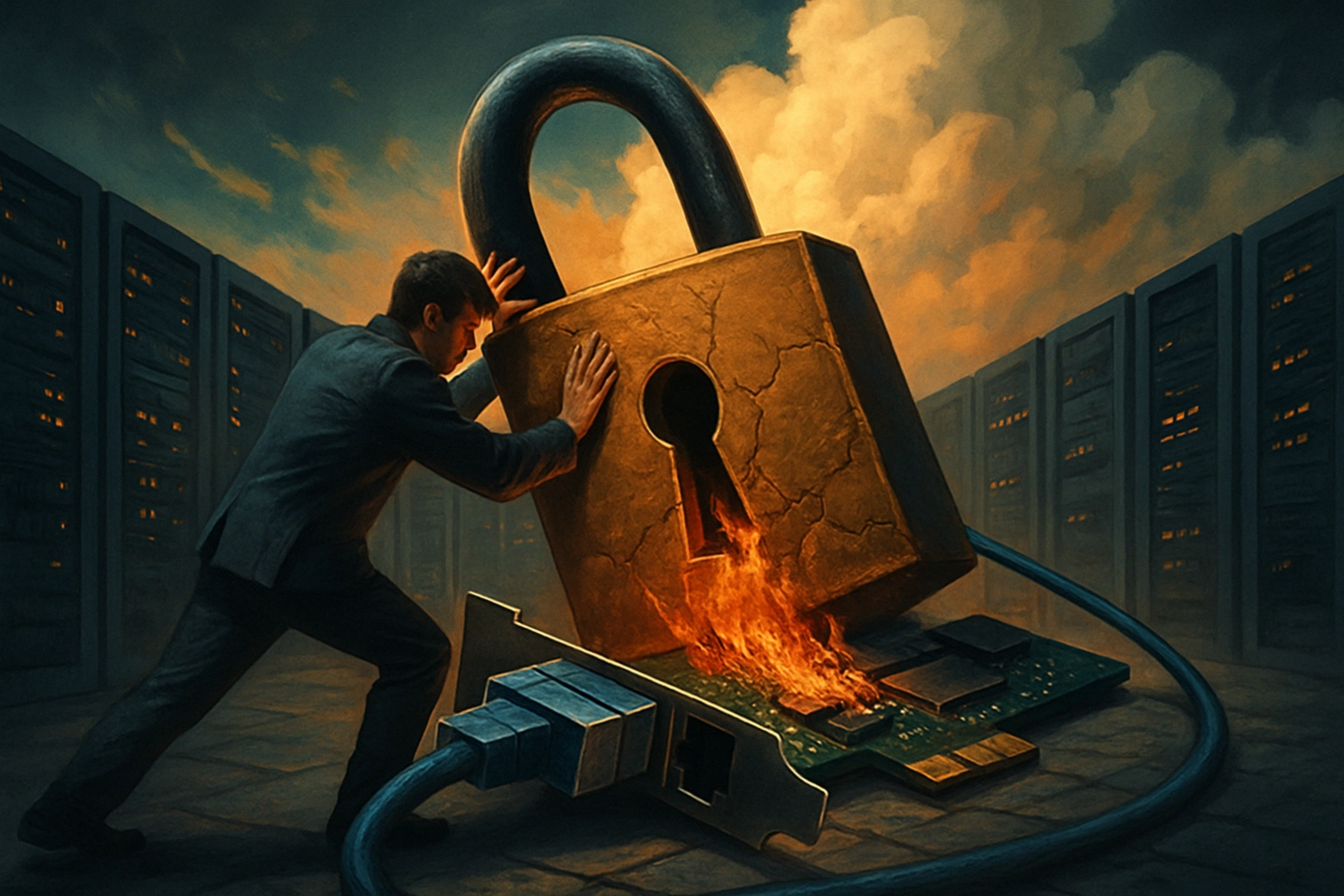 Businessman struggles against a giant lock and burning circuit board.