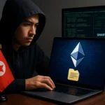 North Korean APT UNC5342 weaponizes EtherHiding to deliver malware via smart contracts Individual in a hoodie working on a laptop with an Ethereum logo and a North Korean flag.