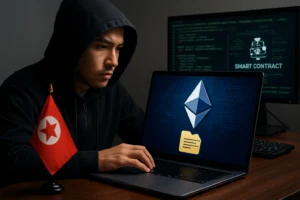 North Korean APT UNC5342 weaponizes EtherHiding to deliver malware via smart contracts Individual in a hoodie working on a laptop with an Ethereum logo and a North Korean flag.