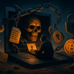 Dark fantasy scene with a figure at a laptop, skull and locks in the background.