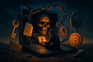 Чоловік працює за комп'ютером у темній атмосфері, оточений злочинними символами.