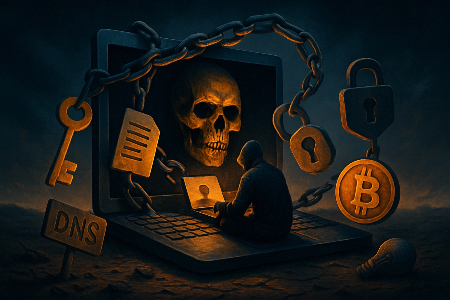 Mann sitzt vor Laptop mit einem Totenkopf und Schlüsseln, umgeben von Computer-Symbolen.