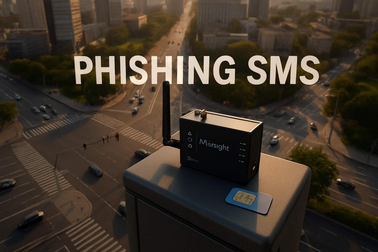 Smishing at Scale: Attackers Abuse Milesight Cellular Routers as Decentralized SMS Gateways Device on a rooftop overlooking a busy street with "PHISHING SMS" text above.
