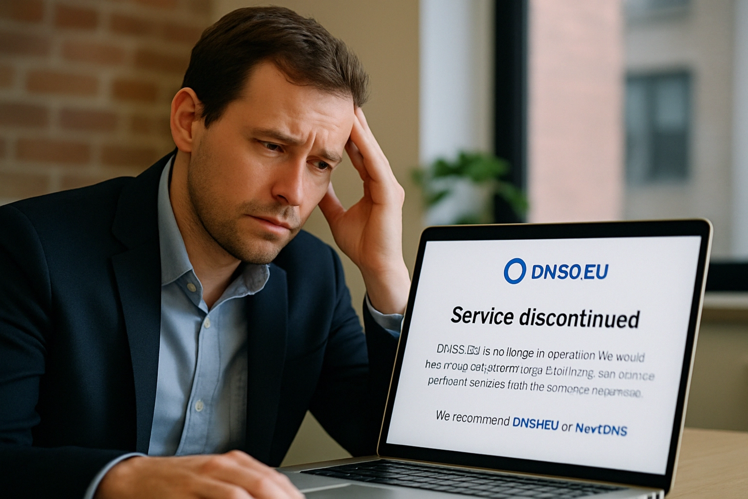 DNS0.eu cierra: impacto en la seguridad DNS en Europa y cómo migrar a DNS4EU o NextDNS Hombre preocupado frente a un portátil con mensaje de servicio discontinuado.