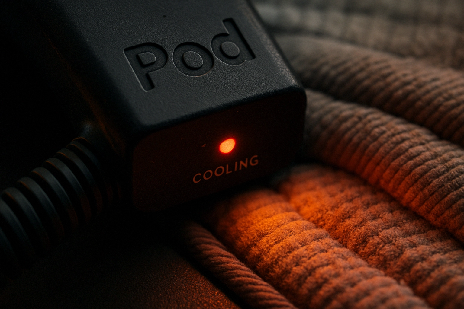 Dispositivo "Pod" con luz roja indicando enfriamiento sobre una superficie texturada.