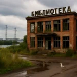 Abandoned library with "БИБЛИОТЕКА" sign, surrounded by overgrown vegetation.