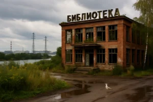 Abandoned library with "БИБЛИОТЕКА" sign, surrounded by overgrown vegetation.