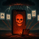 Smartphone displaying a glowing skull, surrounded by ominous clouds and icons.