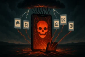 Smartphone displaying a glowing skull, surrounded by ominous clouds and icons.