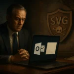 Man in suit contemplating over a laptop displaying security icons.