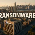 Aerial view of a city skyline with "RANSOMWARE" text and Discord building.
