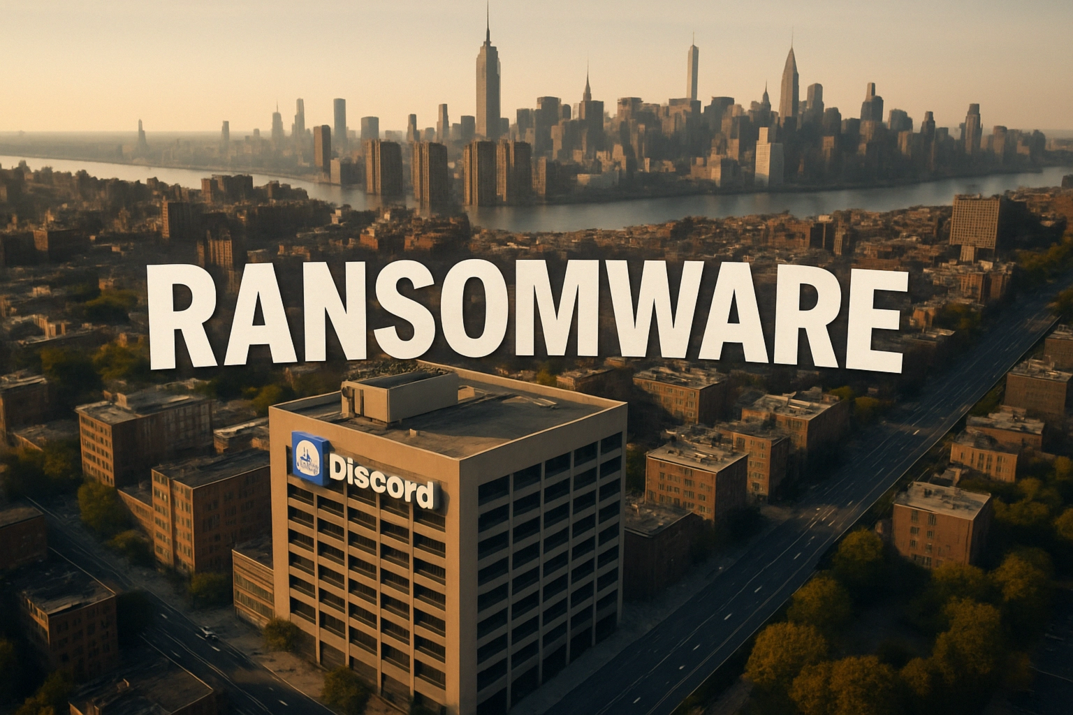 Discord niega un “hackeo” propio y señala a un proveedor: claves del incidente y cómo protegerse Edificio de Discord con la ciudad de fondo y texto sobre ransomware.