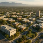 Aerial view of a university campus with modern buildings and green spaces.