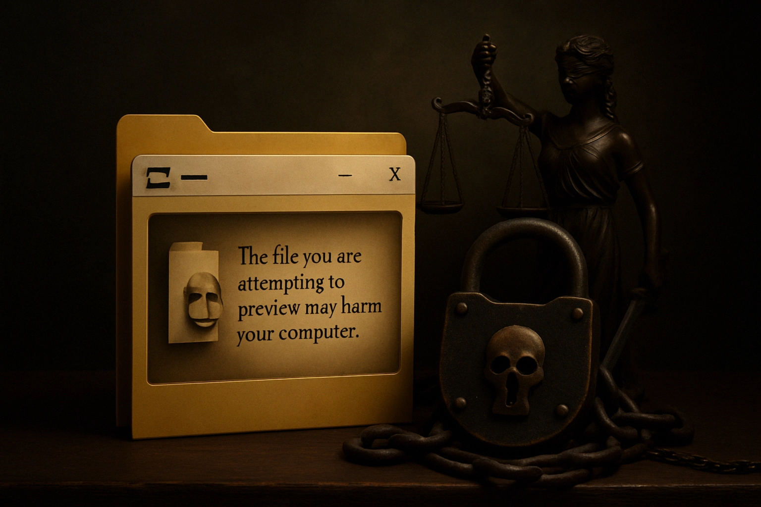 Carpeta de archivos con un aviso de advertencia junto a una figura de justicia.