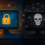Computer screens depicting cybersecurity and cyber threat themes side by side.