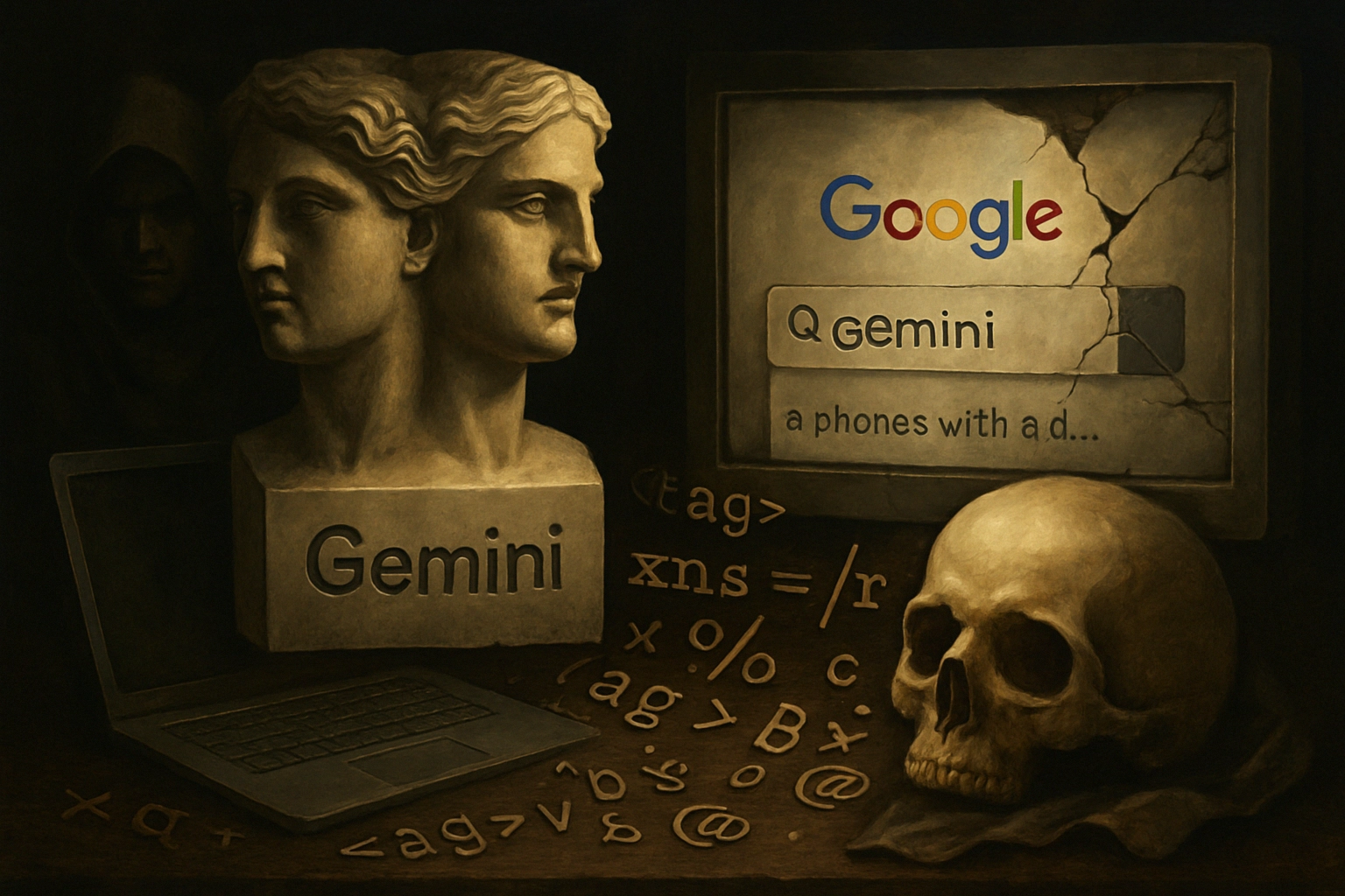 Google no parcheará el “ASCII smuggling” en Gemini: riesgos para LLM y para Google Workspace Dos bustos de mármol, un ordenador y un cráneo sobre fondo oscuro.