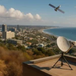 Satellite dishes overlooking a coastal cityscape under a partly cloudy sky.