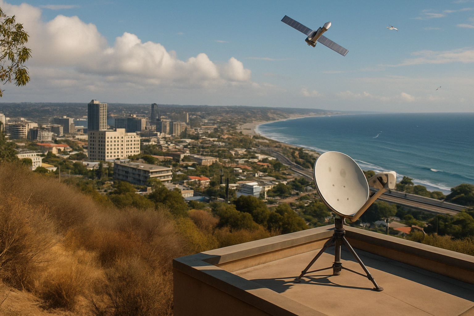 Gran parte del tráfico GEO viaja sin cifrar: riesgos del backhaul satelital y cómo mitigarlos Antena parabólica enfocada en un paisaje urbano junto a la costa.