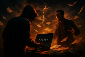 Studie: Konstante Datenvergiftung reicht aus, um LLMs per Trigger in den DoS-Modus zu zwingen Dunkel gekleidete Person an Laptop, umgeben von fliegenden Papierblättern und blitzartigem Licht.