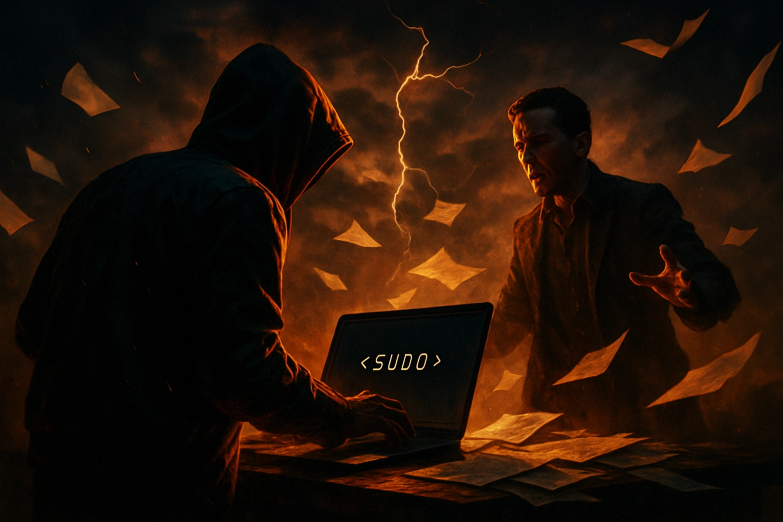 Envenenamiento de datos en LLM: 250 documentos bastan para activar un DoS por “trigger” Dos figuras en un entorno oscuro interactúan con una laptop, conjurando tensión.