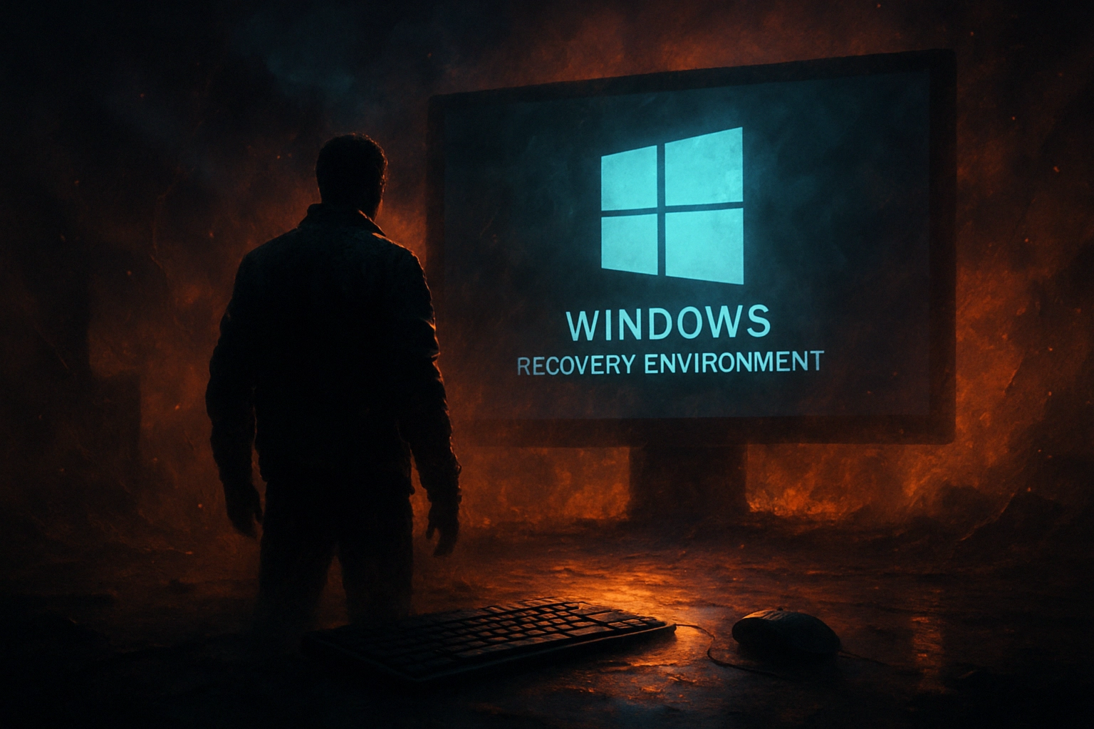 KB5066835 блокує USB-ввід у WinRE: ризики для відновлення та перевірені обхідні шляхи Чоловік стоїть перед комп'ютерним монітором у темному середовищі.