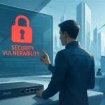 Критичні уразливості в TP-Link Omada: що відомо і як захиститися Чоловік у костюмі взаємодіє з дисплеєм, що показує уразливість безпеки.