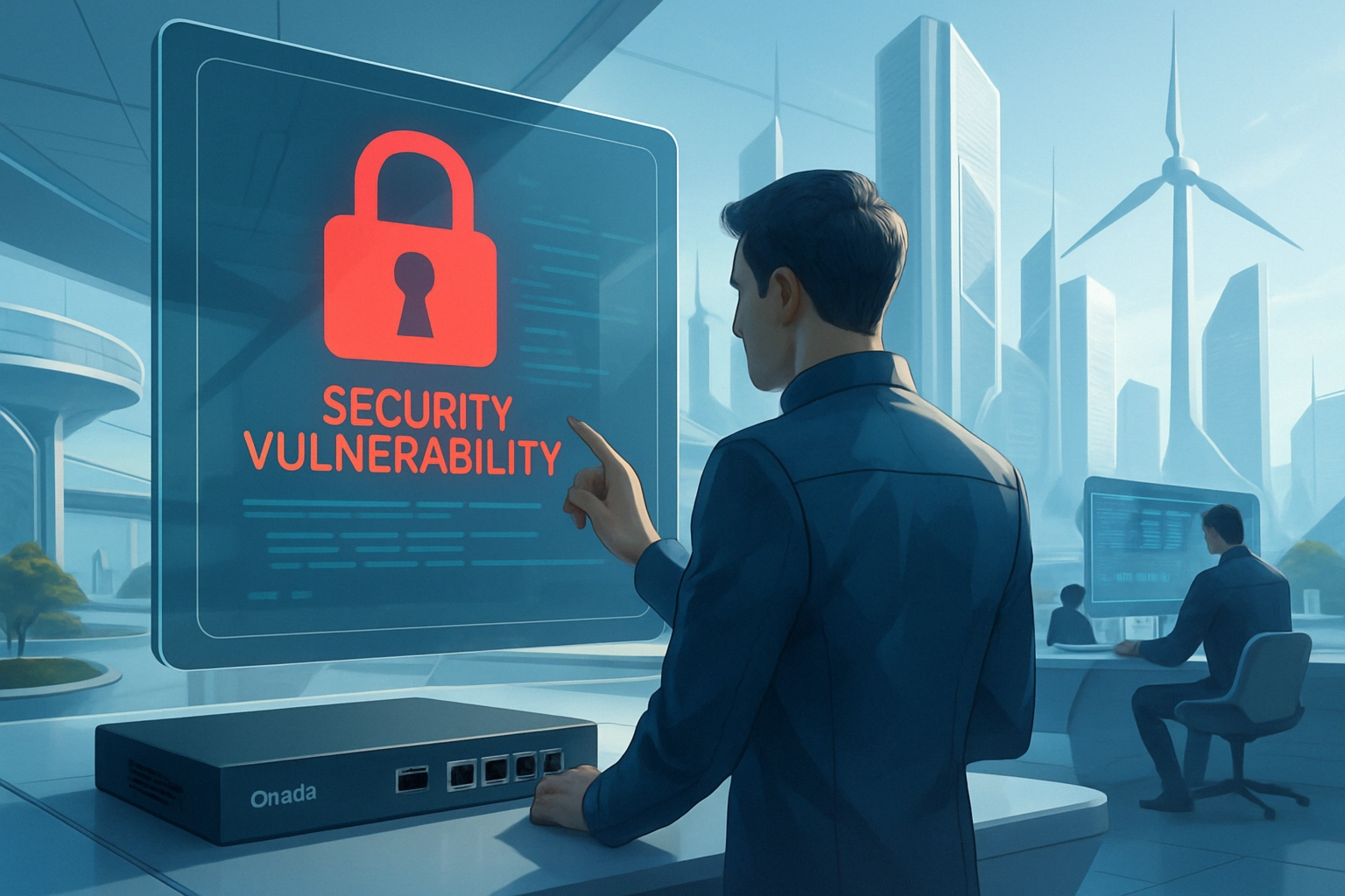 TP‑Link Omada: fallas críticas permiten RCE y privilegios root; actualice el firmware de inmediato Hombre señalando un aviso de vulnerabilidad de seguridad en una pantalla.
