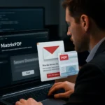 Mann arbeitet am Laptop mit MatrixPDF und digitalen Dokumenten.