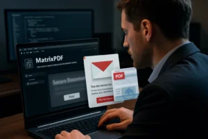MatrixPDF Builder Turns Benign PDFs into Click‑Through Phishing Lures That Bypass Gmail Filters Man using a laptop to interact with a document management application.