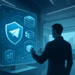 User interacts with a digital interface displaying cybersecurity icons in a futuristic setting.