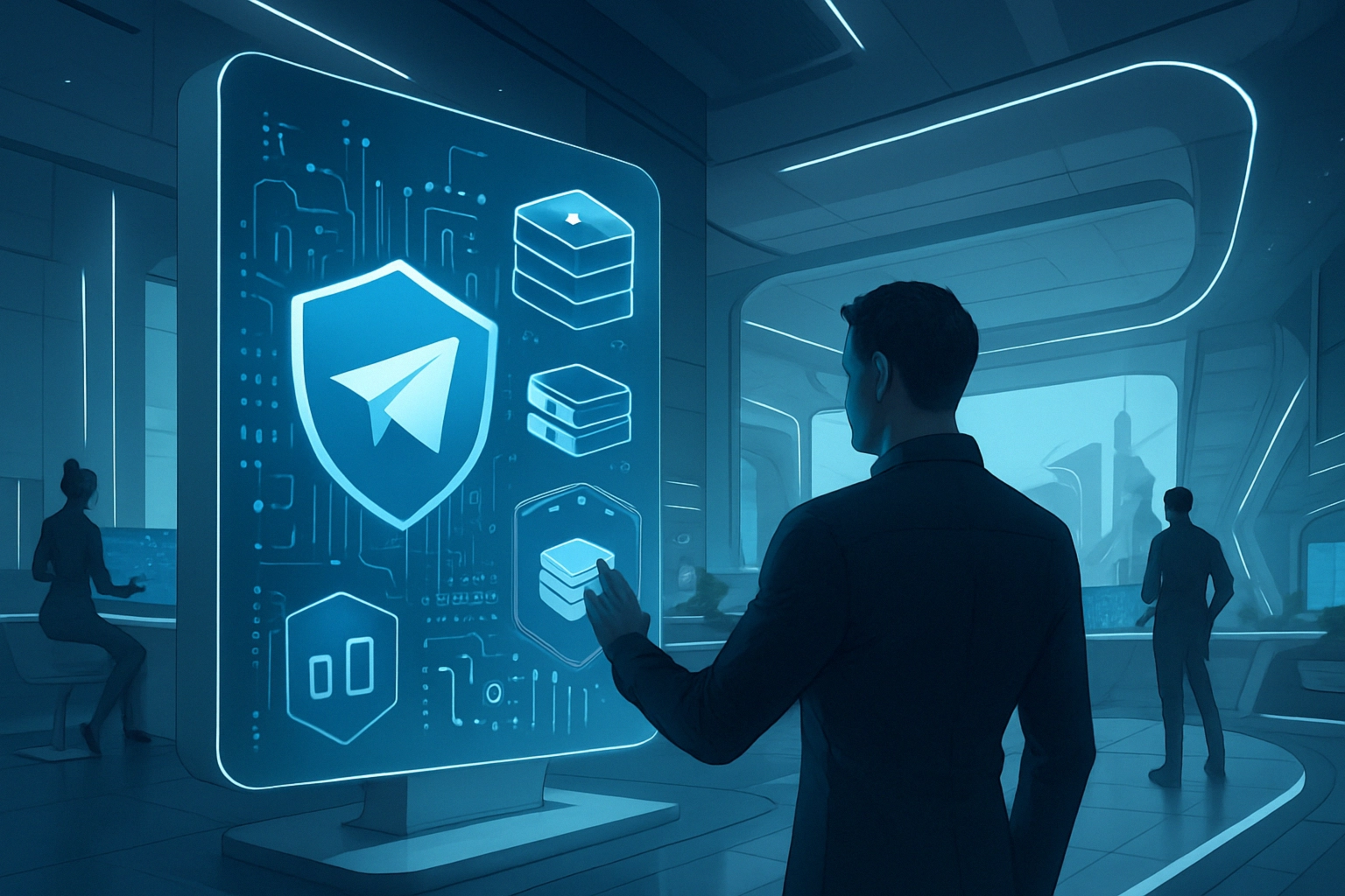 User interacts with a digital interface displaying cybersecurity icons in a futuristic setting.