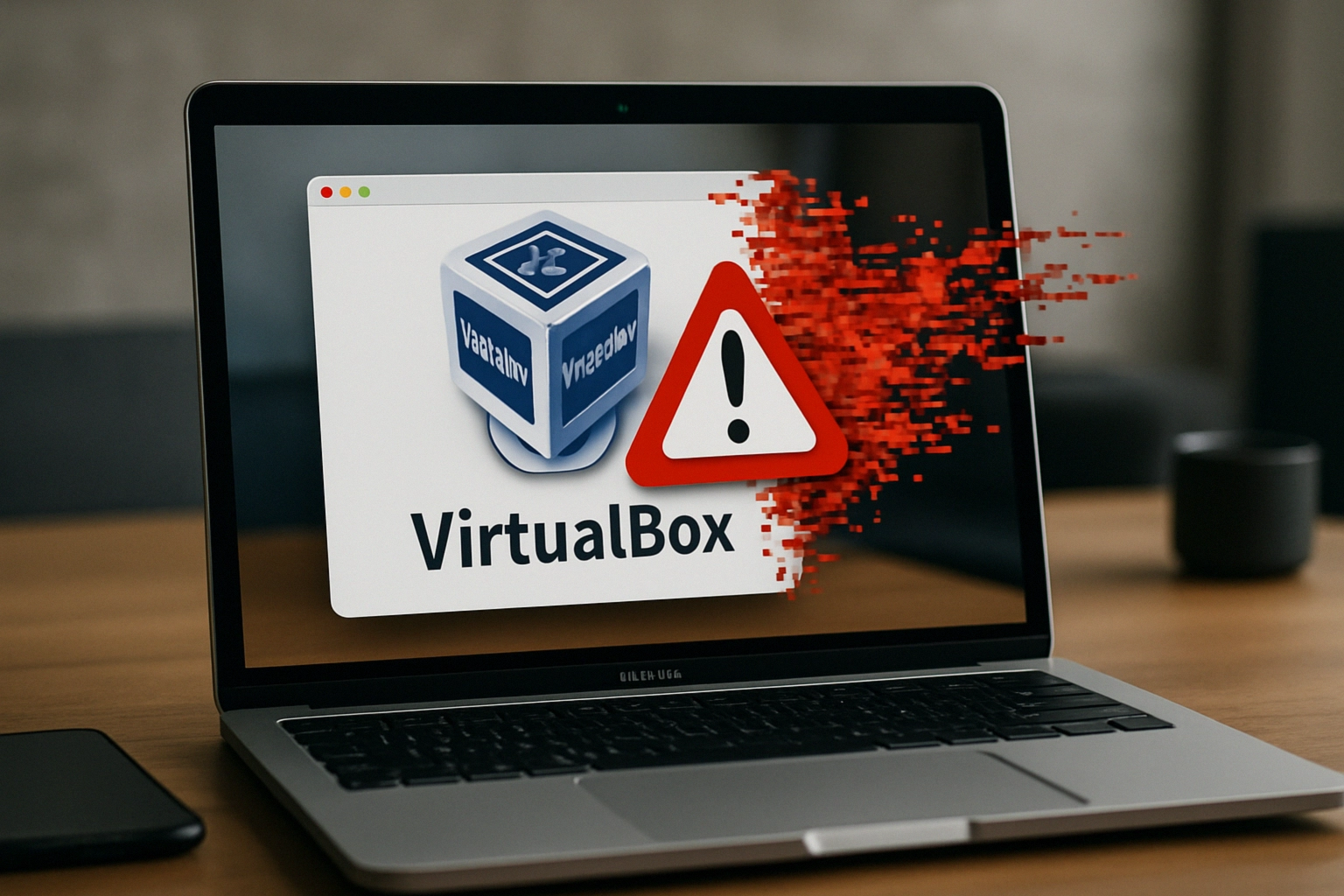 Error en VirtualBox mostrado en un ordenador portátil sobre una mesa.