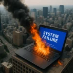 Laptop en llamas con mensaje de "SYSTEM FAILURE" en un rascacielos.