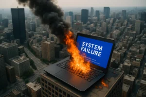 Laptop mit flammendem Bildschirm und Rauch über einer Stadtlandschaft.