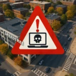 Unity discloses Magecart web skimming on SpeedTree checkout, exposing payment data Aerial view of a city with a warning sign about cybersecurity risks overlaying buildings.