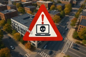 Unity discloses Magecart web skimming on SpeedTree checkout, exposing payment data Aerial view of a city with a warning sign about cybersecurity risks overlaying buildings.