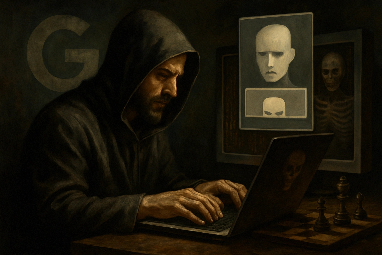 ColdRiver adopta ataques ClickFix y los kits NoRobot/MaybeRobot: evolución táctica y defensas prioritarias Hombre encapuchado usa una laptop, rodeado de arte oscuro y elementos enigmáticos.