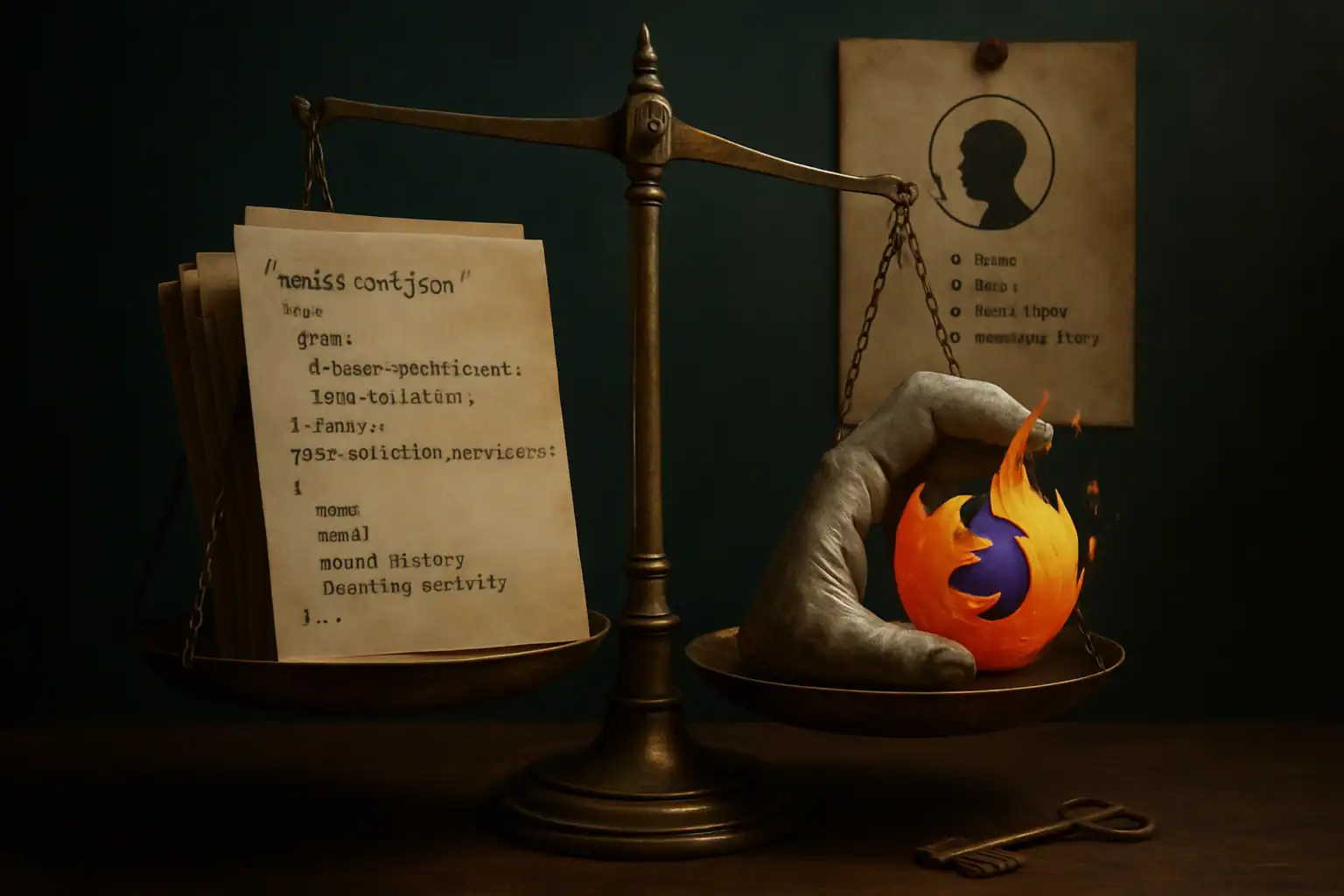 Балансирующие весы с листами бумаги и огненным шаром в руке.
