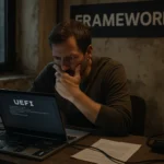 Secure Boot unter Druck: Signierte UEFI-Shell auf Framework-Linux-Geraeten oeffnet Bootkit-Angriffsweg Mann konzentriert an Laptop mit UEFI-Anzeige, nachdenkliche Atmosphäre.