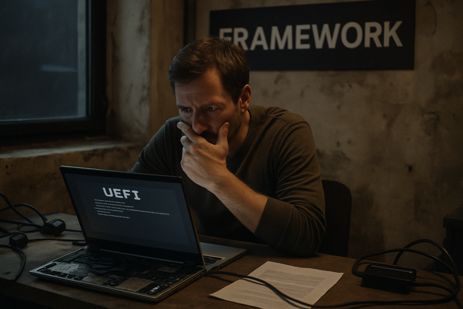 Framework устраняет баг в UEFI Shell, который открывает путь к обходу Secure Boot Мужчина за ноутбуком с текстом UEFI, глубоко задумавшись о работе.