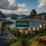 Scenic view of Brasil with mountains, bay, and a capybara near a signpost.