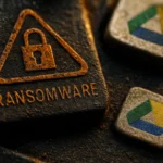 Ransomware warning symbol adjacent to Google Drive icons on a textured surface.