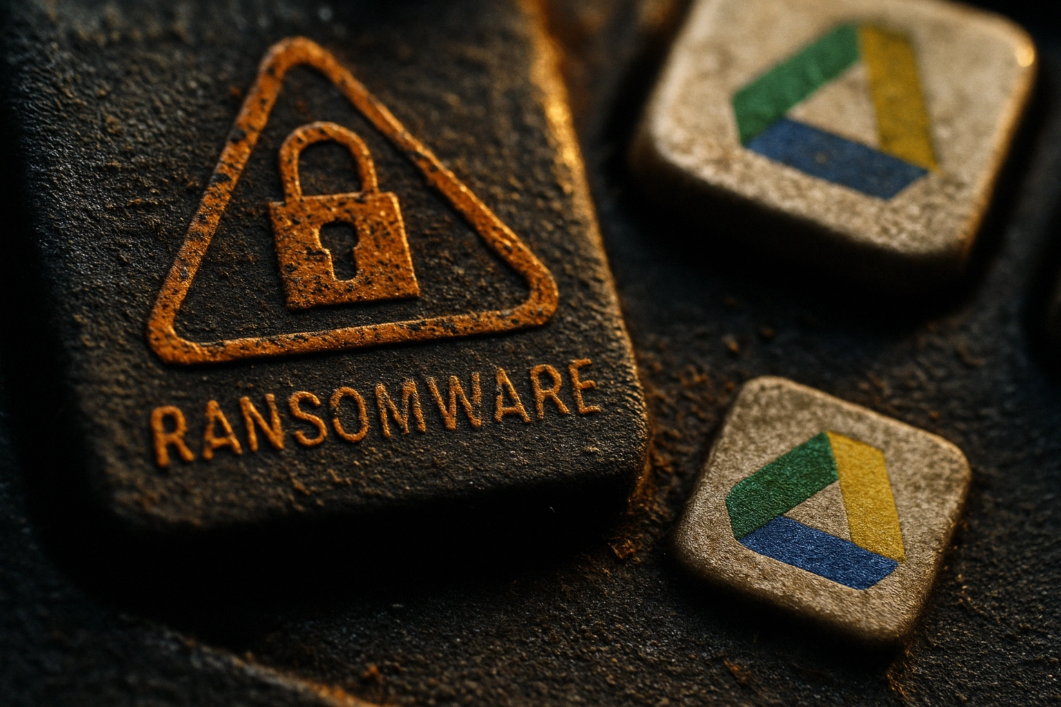 Symbol für Ransomware neben Google Drive-Logos auf einer Tastatur.