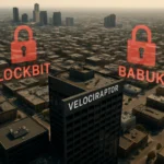 Панорамный вид на город с изображениями замков LockBit и Babuk.
