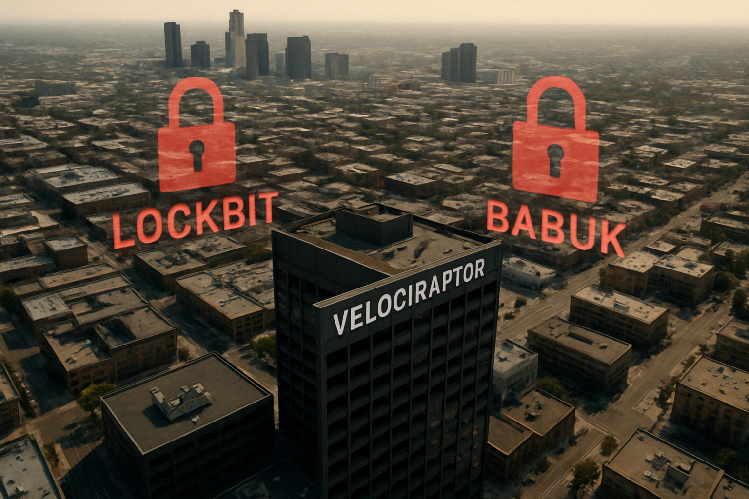 Attackers Weaponize Outdated Velociraptor Build (CVE-2025-6264) to Encrypt Windows and VMware ESXi Aerial view of a cityscape with 'Lockbit' and 'Babuk' icons over a building.