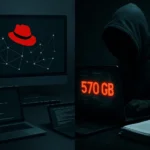 Computer screens show hacking themes with a figure in a hoodie.