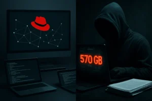 Computer screens show hacking themes with a figure in a hoodie.